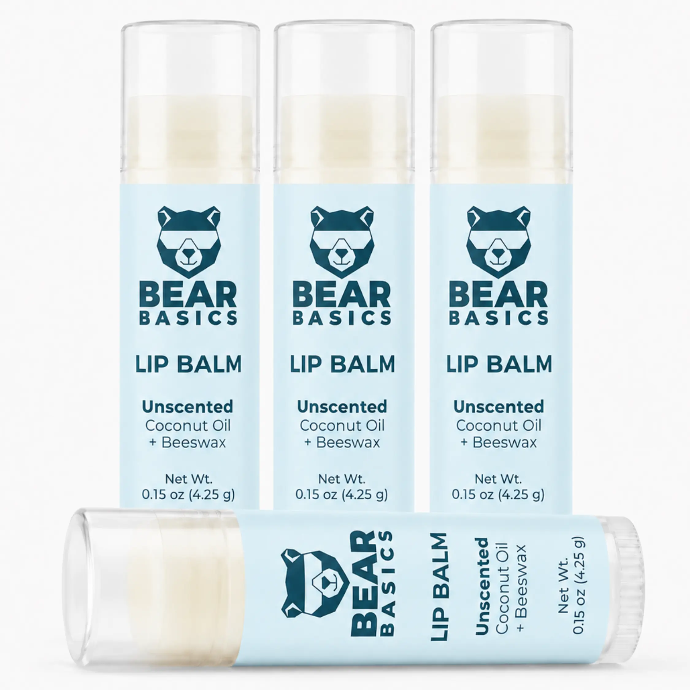 Coconut Oil Lip Balm | Bear Basics (0.15oz)(4-Pack) – Unscented Natural Lip Moisturizer with Beeswax & Vitamin E, Made in Colorado