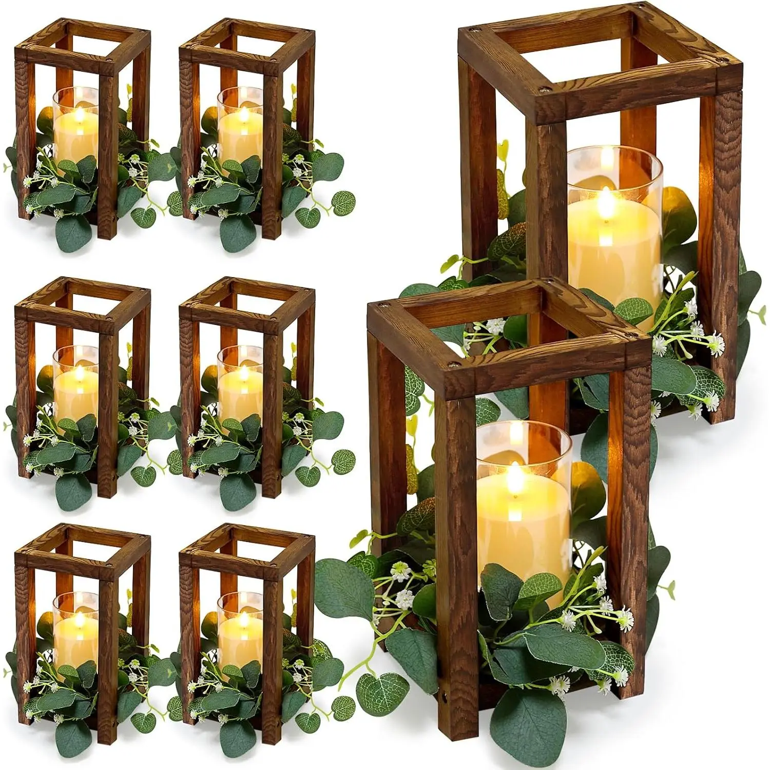 18 count Wooden Lantern Centerpiece - Wedding Lantern with Eucalyptus Candles Wreaths LED Flameless Candles Rustic for Country Wedding Party  Table Decor
