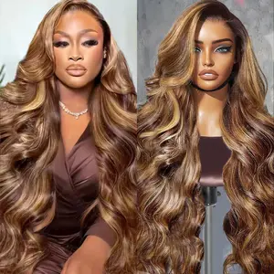 Kdmidun Ombre Highlight 13x6 Transparent Lace Front Wigs Human Hair with Baby Hair 180 Density Wigs Human Hair Pre Plucked 4/27 Honey Blonde Body Wave Frontal Wigs for Women