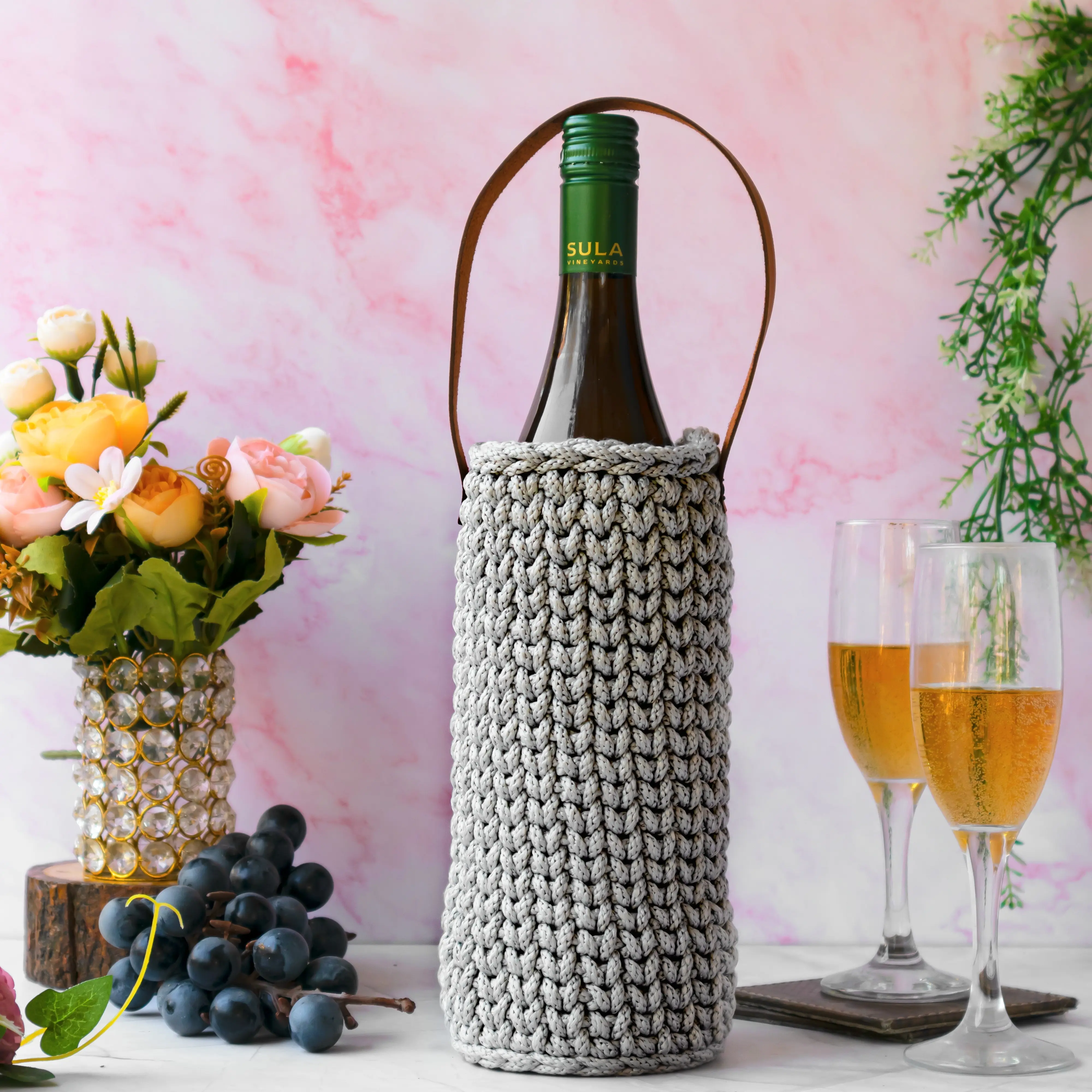 Handcrafted Crochet Wine Tote Bag | Stylish Bottle Carrier for Wine Lovers | Eco-Friendly Yarn Holder