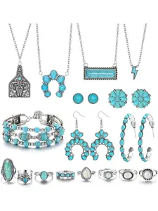 Turquoise Jewelry for Women Western Turquoise Necklace Dangle Earrings Boho Bracelet and Knuckle Rings Bohemian Western Jewelry Set for Women