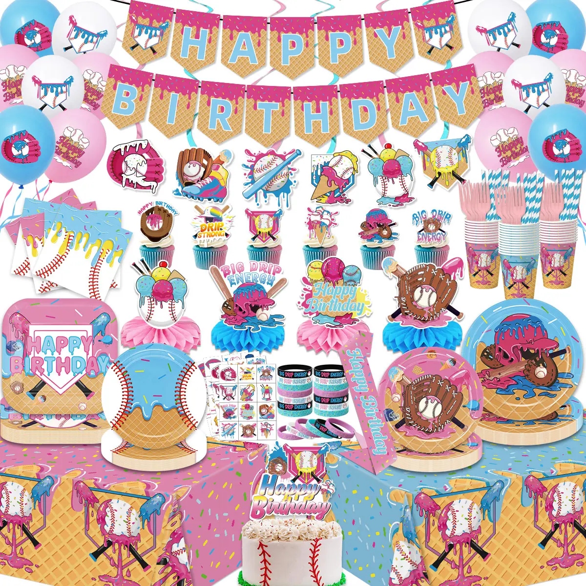 Ice Cream Drip Baseball Birthday Party Decorations, Baseball Theme Party Supplies with Plates Napkins Banner Latex Balloons Tablecloth for Ice Cream Birthday Summer Gathering Decor