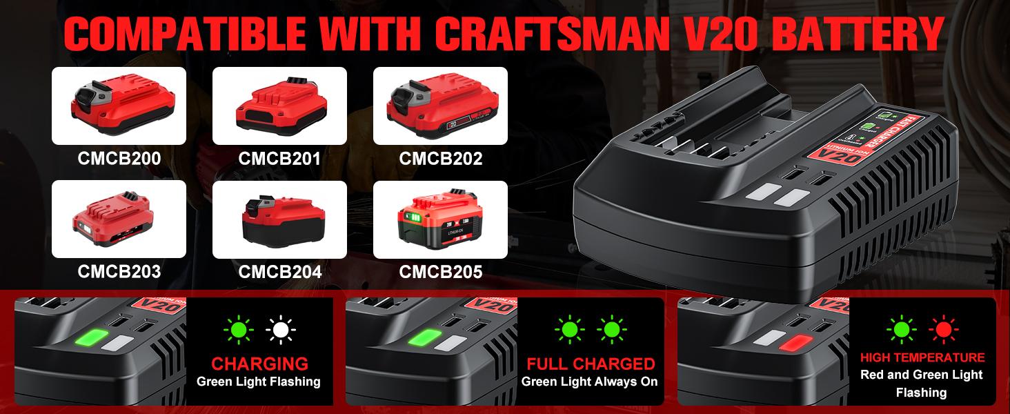 CMCB205 High Capacity 2Pack 7000Ah 20V Replacement Battery and Charger for V20 Craftsman 20V Battery MAX CMCB204 CMCB202 CMCB201 CMCD700C1 CMCS500B