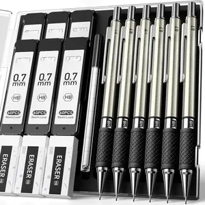 6 count Metal Mechanical Pencil Set with 0.7mm Medium Point, 360 Leads, 12 Erasers, Art Mechanical Pencils Pack with Storage Case for School Writing, Sketching, Drawing & Professional Drafting