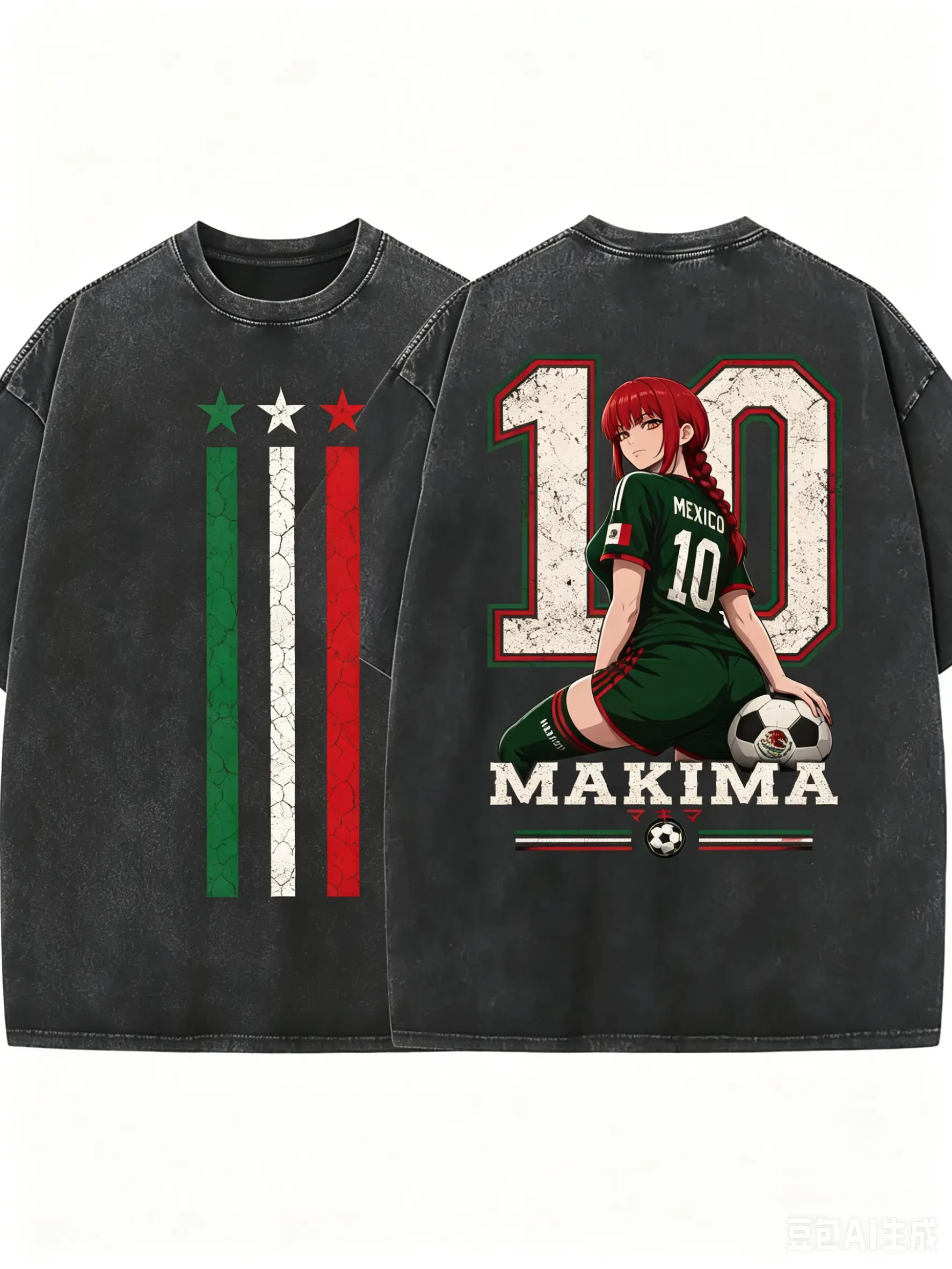 2026 World Football Tour X Makima Chainsaw Man Retro Washed Anime Football T-Shirt Retro T-Shirt Heavyweight Pure Cotton Streetwear,  Sports Aesthetics Gifts and Accessories, Mexican Flag Star-Shaped Chainsaw Man Anime Football Merchandise