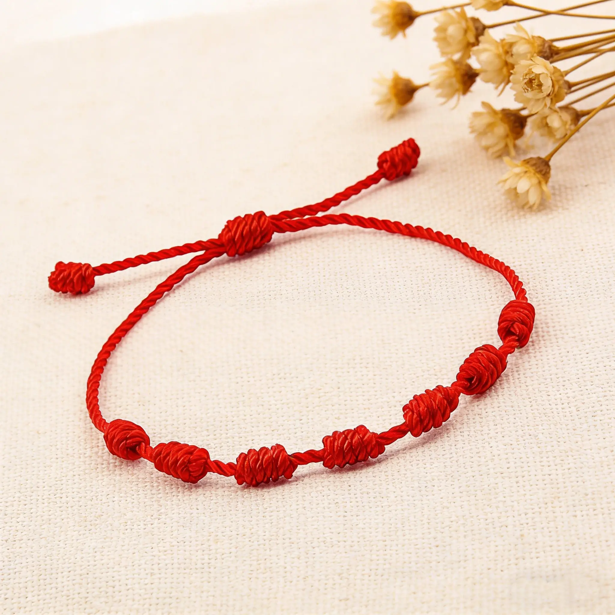 Buddhist String 7 Knots Bracelet for Protection Evil Eye Good Luck & Prosperity Adjustable Red Cord Exquisite Beaded Jewelry for Women Men Girls Boys Handmade Craft