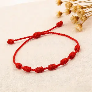 Buddhist String 7 Knots Bracelet for Protection Evil Eye Good Luck & Prosperity Adjustable Red Cord Exquisite Beaded Jewelry for Women Men Girls Boys Handmade Craft