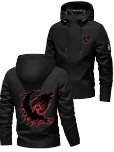 Trendy Personality Wolf Howling at Moon Printed Men's Baseball Jacket for Daily Casual Versatile Wear