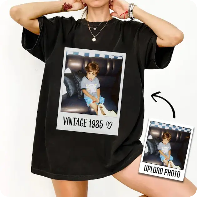 Customized Vintage T-Shirt with Photo & Birth Year, Casual Loose 100% Cotton Graphic Tee, Personalized Birthday Party Gift, Check, Baggy, Fabric, Tops, Oversize