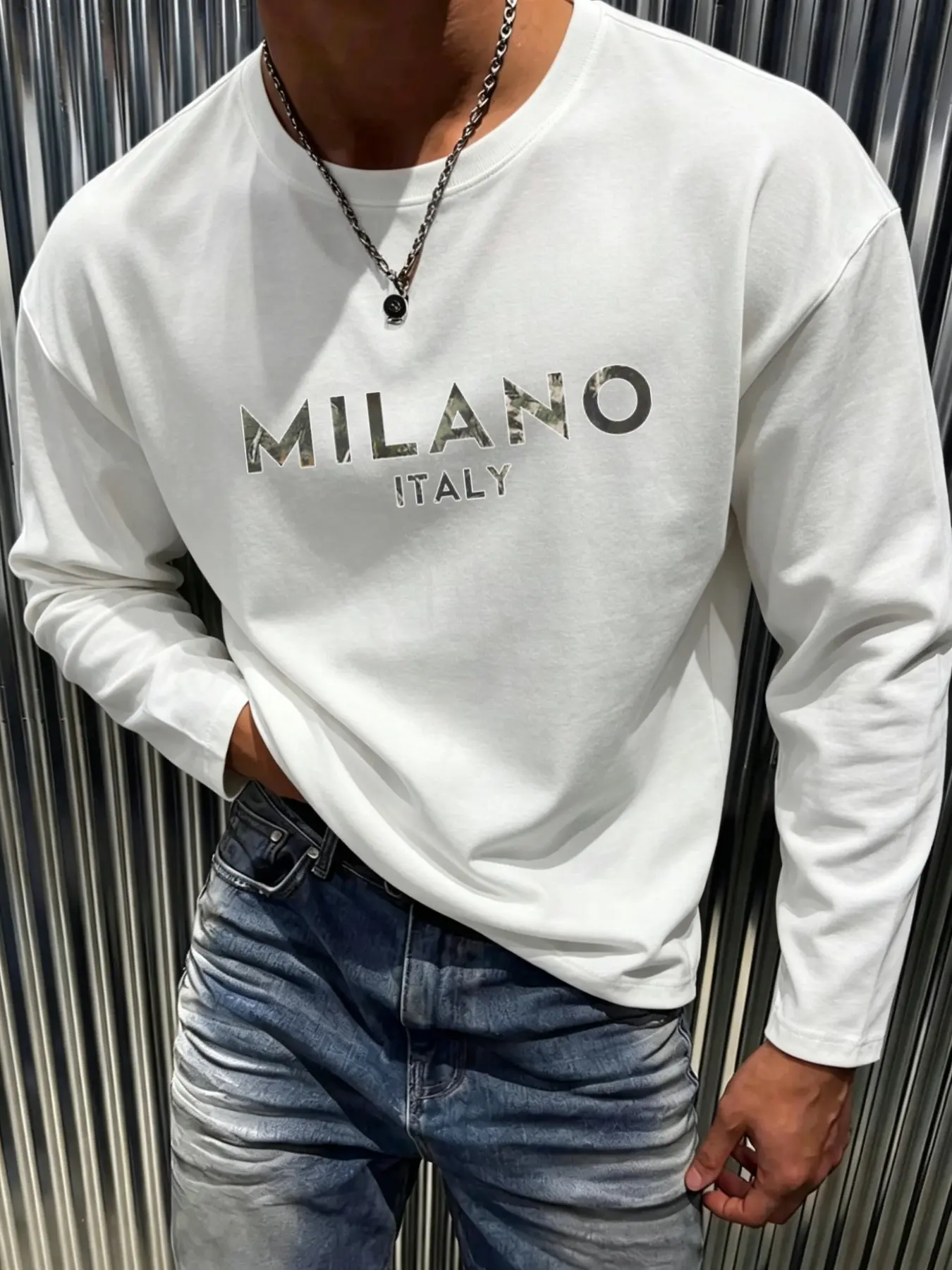Milano Print Long Sleeve Round Neck Crewneck T-Shirt, Menswear, Spring & Fall Essential, Casual Street Style, Streetwear, Classic, Unisex, Five Sizes Available