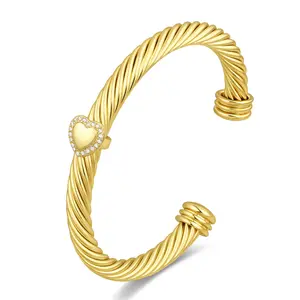 Mytys Heart-Shaped Zircon Statement Bangle,Two-Tone Twisted Cable Bracelet for Women,Elegant Gift for Her – Stylish & Perfect for Layering