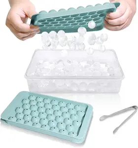 Ice Cube Tray with Lid and Bin - Round Ice Trays for Freezer with Lid - Ice Cube Trays for Freezer with Ice Container (0.8"-2PACK Blue) Utensils