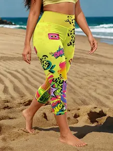 (Plus Size ) Women's Ocean Hot Fresh Print Skinny Pants, Spring Summer Comfortable Slim Fit, High Elastic Waist, Ideal for Workout and Daily Wear