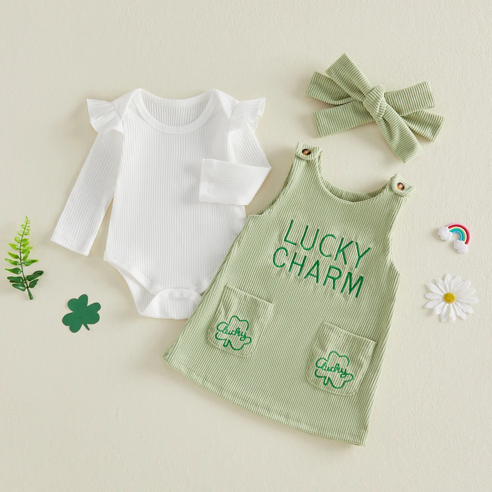Infant Baby Girl Irish Outfit Long Sleeve Romper Shamrock Embroidery Overall Dress and Headband St. Patrick's Day Set 0-18 Months