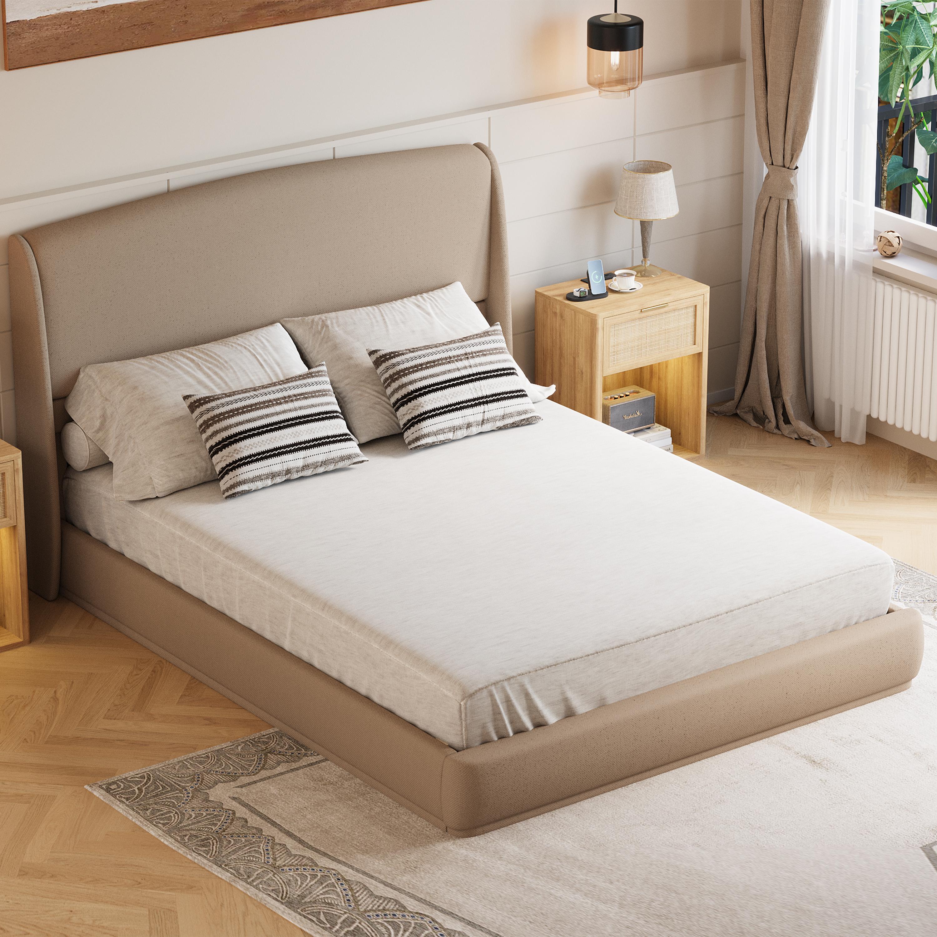 Upholstered Queen Bed Frame with Wingback Headboard, Low Profile Platform Bed with Padded Headboard, No Box Spring Needed, Easy Assembly, Elegant Linen Fabric, Brown/Beige