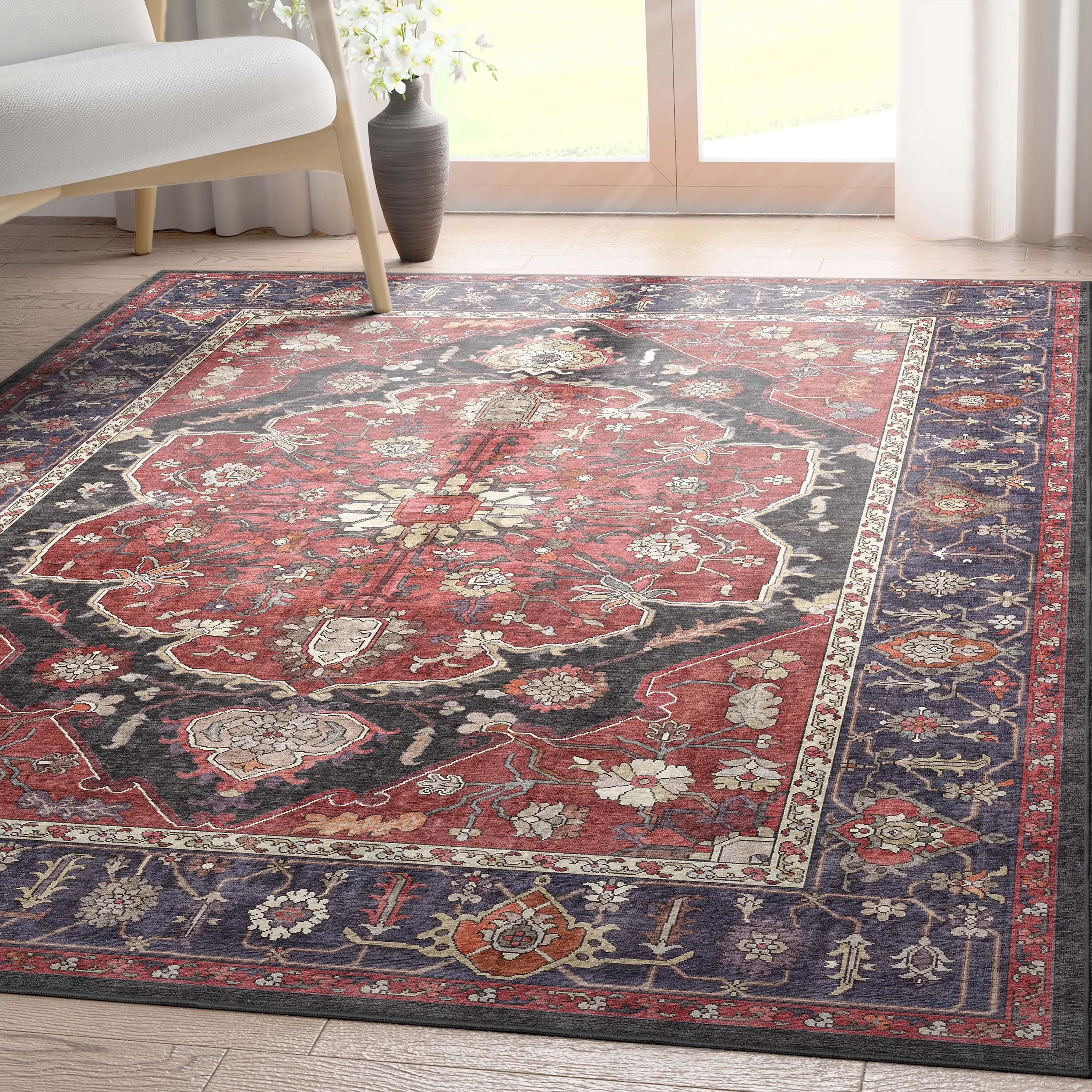 Jaipur Vintage Medallion Botanical Red Rug – Easy Clean, Stylish Elegant Design