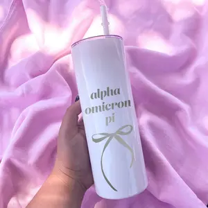 Alpha Omicron Pi Coquette Bow Tumbler with Straw- White