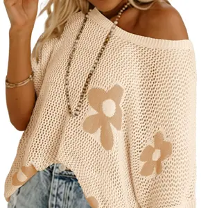 Women's Floral Fashion Summer Tops Short Sleeve Crochet Sweater Swimsuit Cover Up Light Knit Pullover