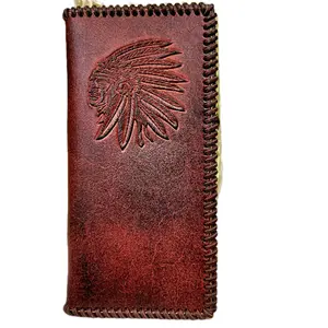 Native American Western wallet Indian chief head wallet genuine leather whipstitch detail