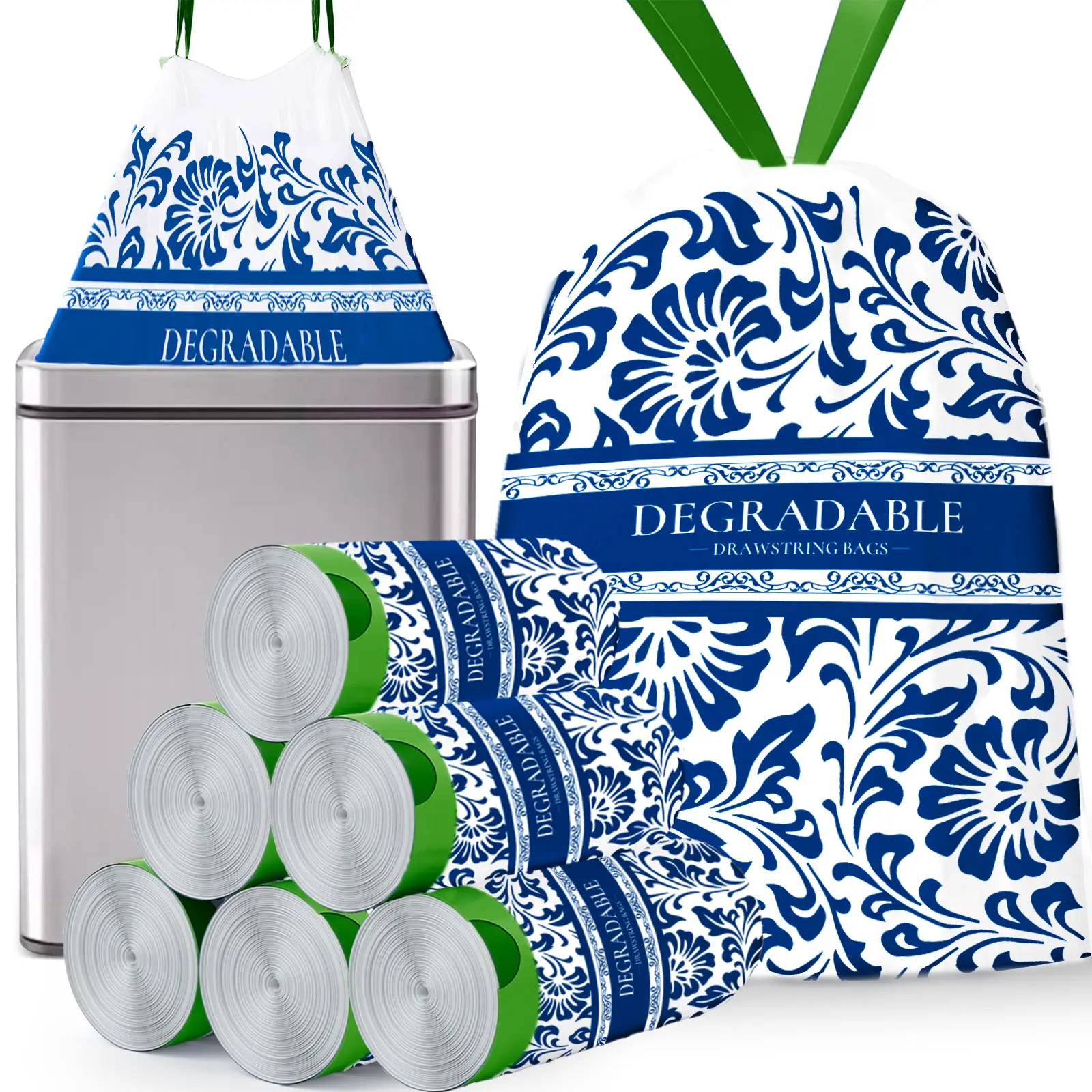 Household garbage bags, 13-gallon capacity drawstring color portable garbage bags with printed patterns and tear-resistant material, suitable for trash cans in bathrooms and offices, 30 pieces per pack.