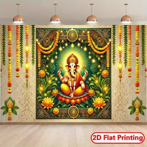 1pc 2D Flat Vibrant Ganesh Festival Backdrop - Intricate Printing Banner with Lord Ganesh in for Lotus Pose, Golden Lighting & Traditional Hindu Motifs, Durable Polyester Photo Prop for Party & White
