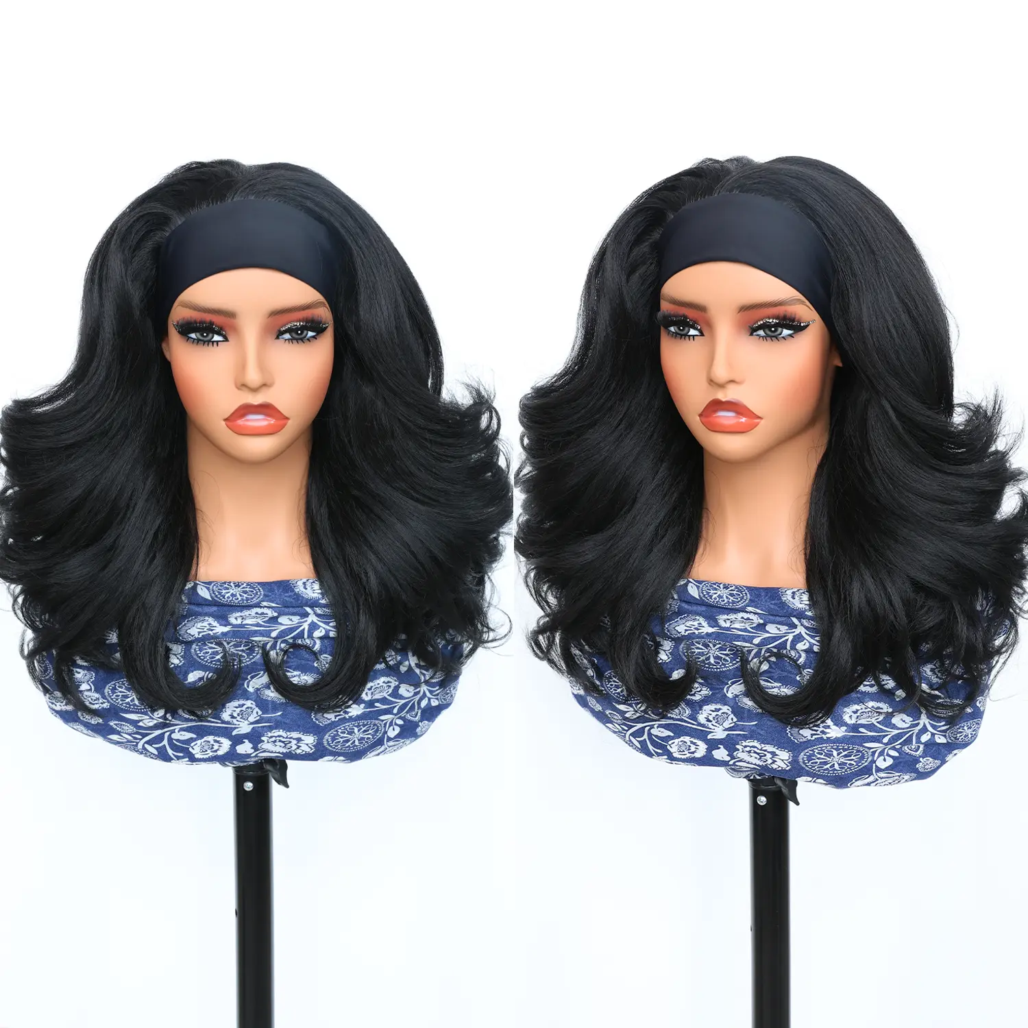 Wear and Go Glueless Wig Black Color Synthetic Hair Short Body Wave 18 Inch Yaki Texture Headband Wig for Women Heat Resistant Daily Trendy Fashion Friendly Beginners