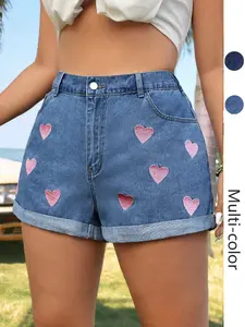 Summer Denim Shorts, Embroidered Heart Waistband, Pockets, Cuffed Hem, Casual Versatile Fit Fashion Shorts for Women