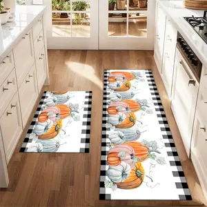 2Pcs Autumn Pumpkin Watercolor Black and White Grid Floor mat set for farmhouse kitchen Rug restaurant floor laundry room decor carpet mat