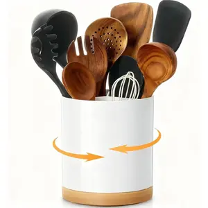 Porcelain Like Kitchen Cooking Utensil Holder, 360? Rotating Utensil Crock, 7.2" Unbreakable for Countertop, for Farmhouse Kitchen Decor with Rotatable and Detachable Base
