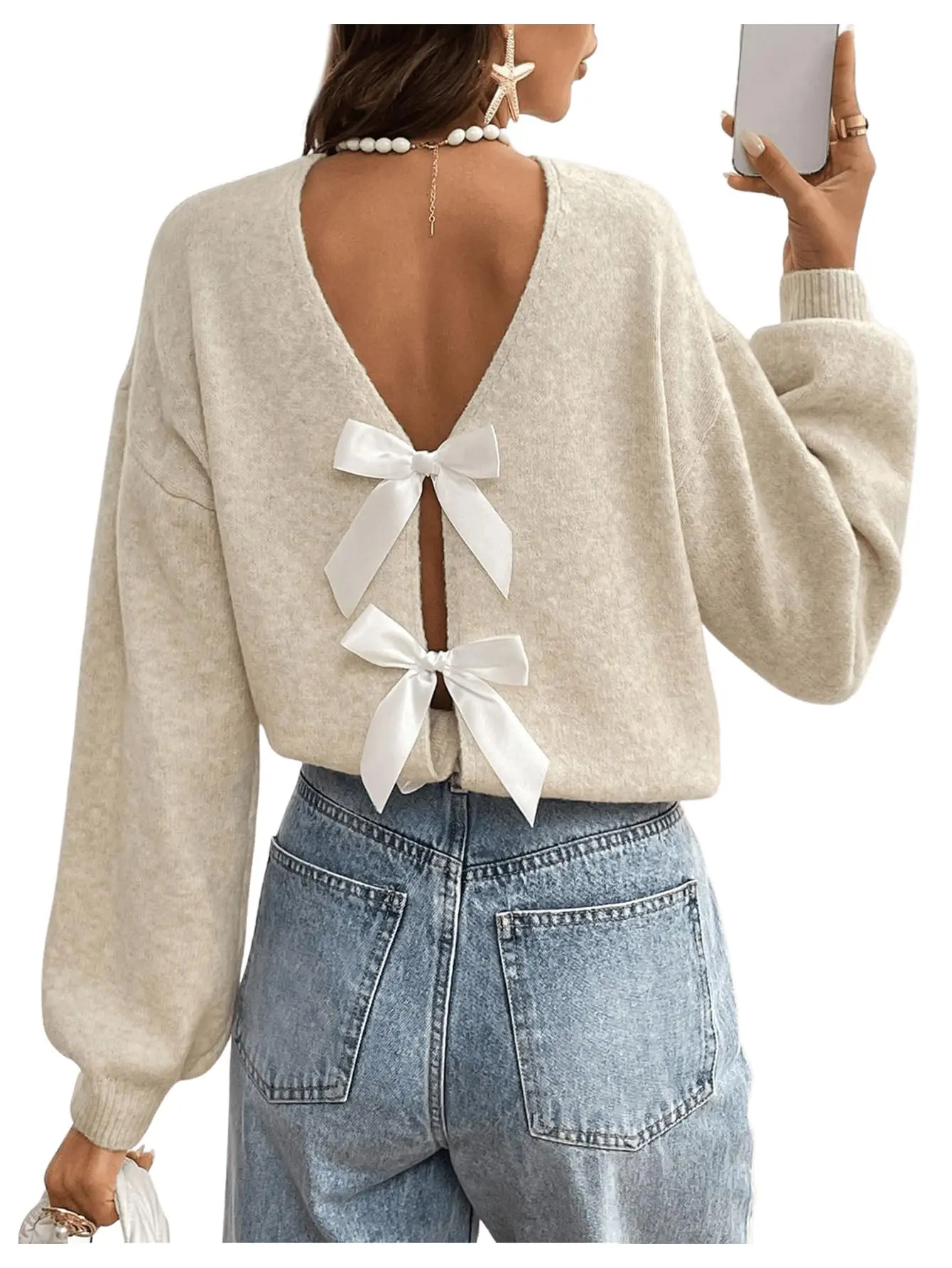 JOYSONS Women's Sweater, Feminine Knitwear with an Open Back and Bows, Comfortable Loose Silhouette for Skirts, Ribbon, Satin, Dressy, Soft, Chic, Elegant, Longsleeves, Loose Fit, Polyester, Smooth, Style