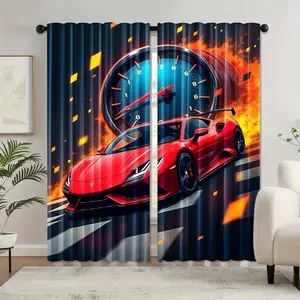 2pcs Racing Car Curtains, Dynamic Sports Design with Flames and Chess Flags, Background, Bedroom Decor, Sporty Style, Window Curtain