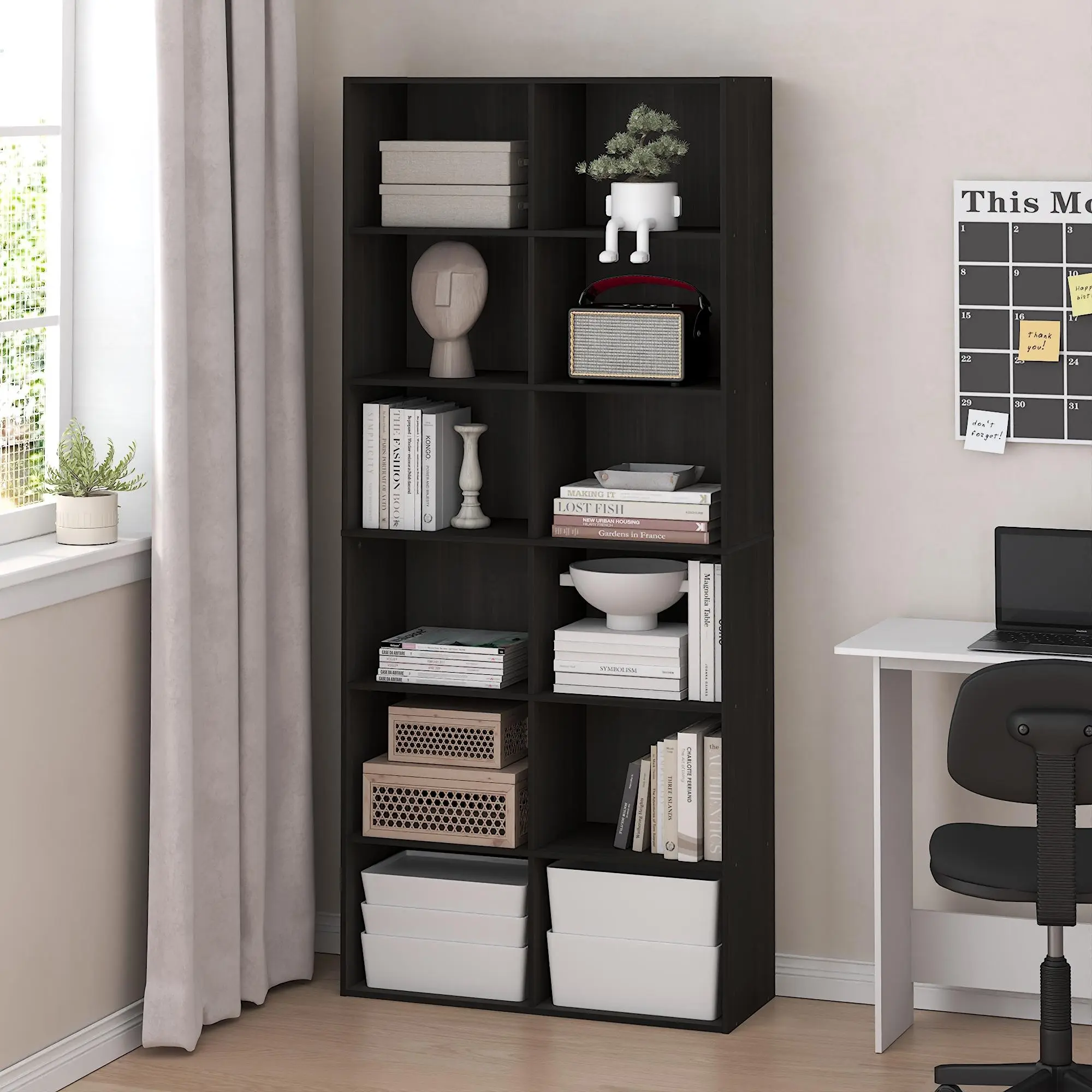 12-Cube Sturdy Modern Composite Wood Bookshelf - Open Cubes Organizer, Living Room Furniture, Vertical Home Office Shelf, Holds Books & Collectibles, 11.8d x31.5w x70.9h in, Assembly Required