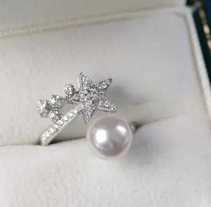 S925 sterling silver natural seawater akoya pearl 7-7.5mm full diamond star-shaped open ring