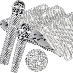 Remuuly 3 Pcs DIY Rhinestone Microphone Handle Cover Protector Bling Stickers Rhinestone Glitter Microphone Cover Handheld Sleeve Crystal Sheets Shiny Prop Stage Party, 5x7.3(Silver)