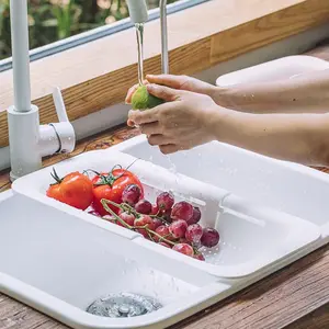 White-Extendable Over the Sink Colander Strainer Basket: Space-Saving Vegetable & Fruit Wash Basket, Expandable Kitchen Sink Strainer for Draining Pasta & Drying Dishes, Multipurpose Storage Rack, Home Kitchen Essentials