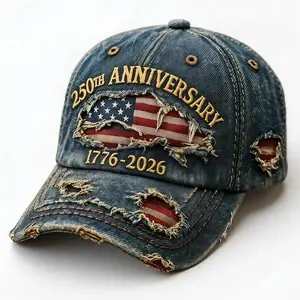 250th Anniversary 1776-2026 Distressed Denim Baseball Cap for Men with American Flag Embroidery Vintage Washed Relaxed Fit Ideal for History Lovers Patriotic Fans Fathers Husbands and Friends Memorial Day & Independence Day Gifts