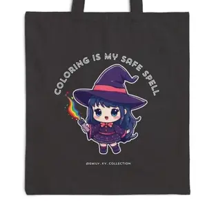 Coloring Is My Safe Spell Black Tote Bag - Large | Cute Witch Illustration Halloween Tote