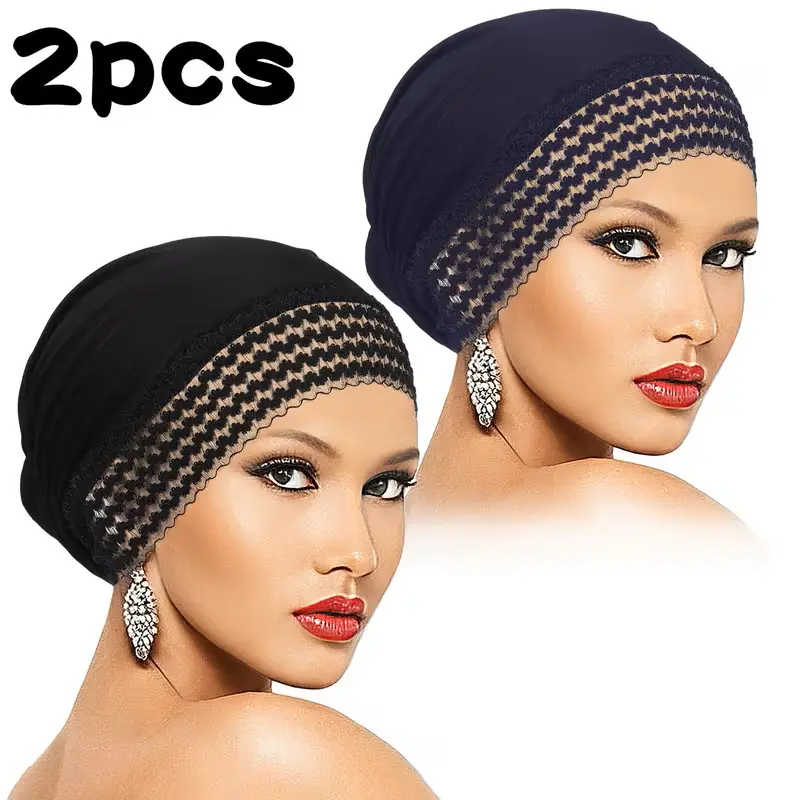 Soft Lace Trim Hijab Undercap for Women, Breathable Stretch Mesh Female Cap with Full Coverage and No-Slip Wig Grip