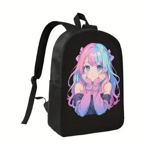 17" Anime Backpack for Men - Large Capacity, Durable Fabric with Anime Girl Design, Pink & Blue Hair & Eyes, Perfect for Daily Commute & Outdoor Activities, Anime Backpack