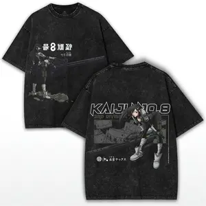 Kaiju No. 8 Washed Vintage Tee with Reno & Kafka in their Combat Suits. Trending graphic t-shirt for Monster Hunter Anime Fans. Unisex anime fan apparel.