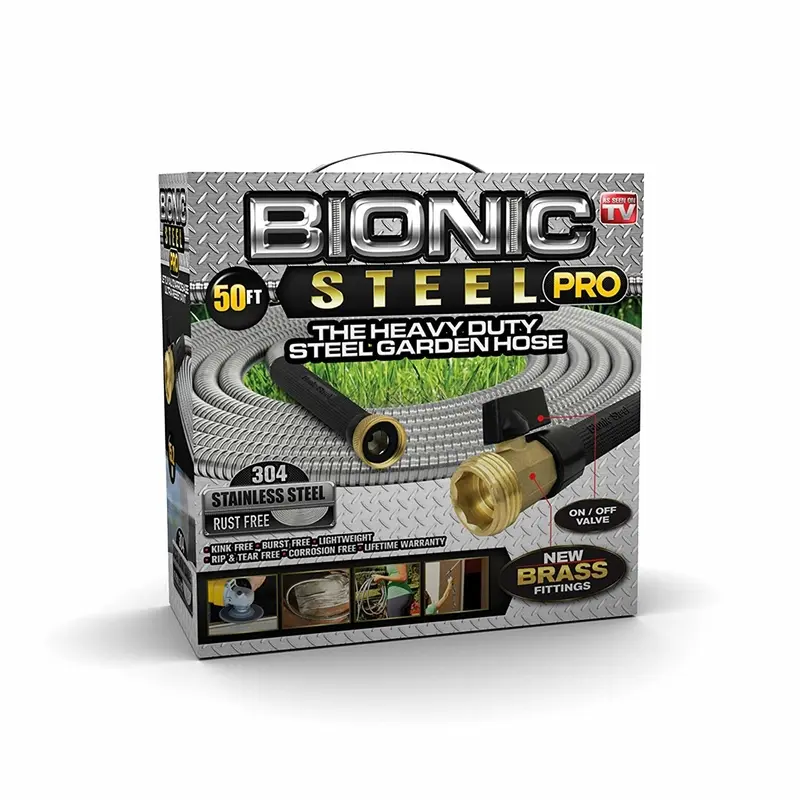 212 MAIN Pro Heavy-Duty Kink-Resistant Bionic Steel Garden Hose, 0.62 in. Dia. x 50 ft., Stainless Steel, New Brass Fittings, Silver (Model 6028359)