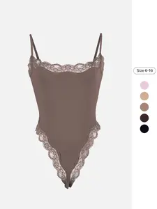 Women's Solid Color Lace Trim Bodysuit, Casual Comfy Breathable Cami Bodysuit for Daily Wear, Ladies Clothes for Summer, Lingerie, Soft Comfy Lingerie