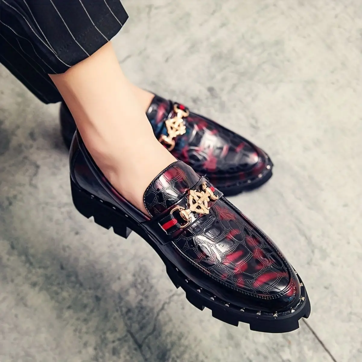 Men's Stylish Flat Slip-On Loafers - Metallic Buckle, Embossed Design, Thick Rubber Sole, Pointed Toe Upper, Red & Black Plaid Pattern - Ideal for Business Casual, Casual Attire, Footwear, Shoe, Thick Sole, All-Season, Print, Bold Plaid Look, Pu