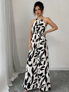 A women's floral-print, off-the-shoulder, backless one-piece pantsuit for an elegant holiday look
