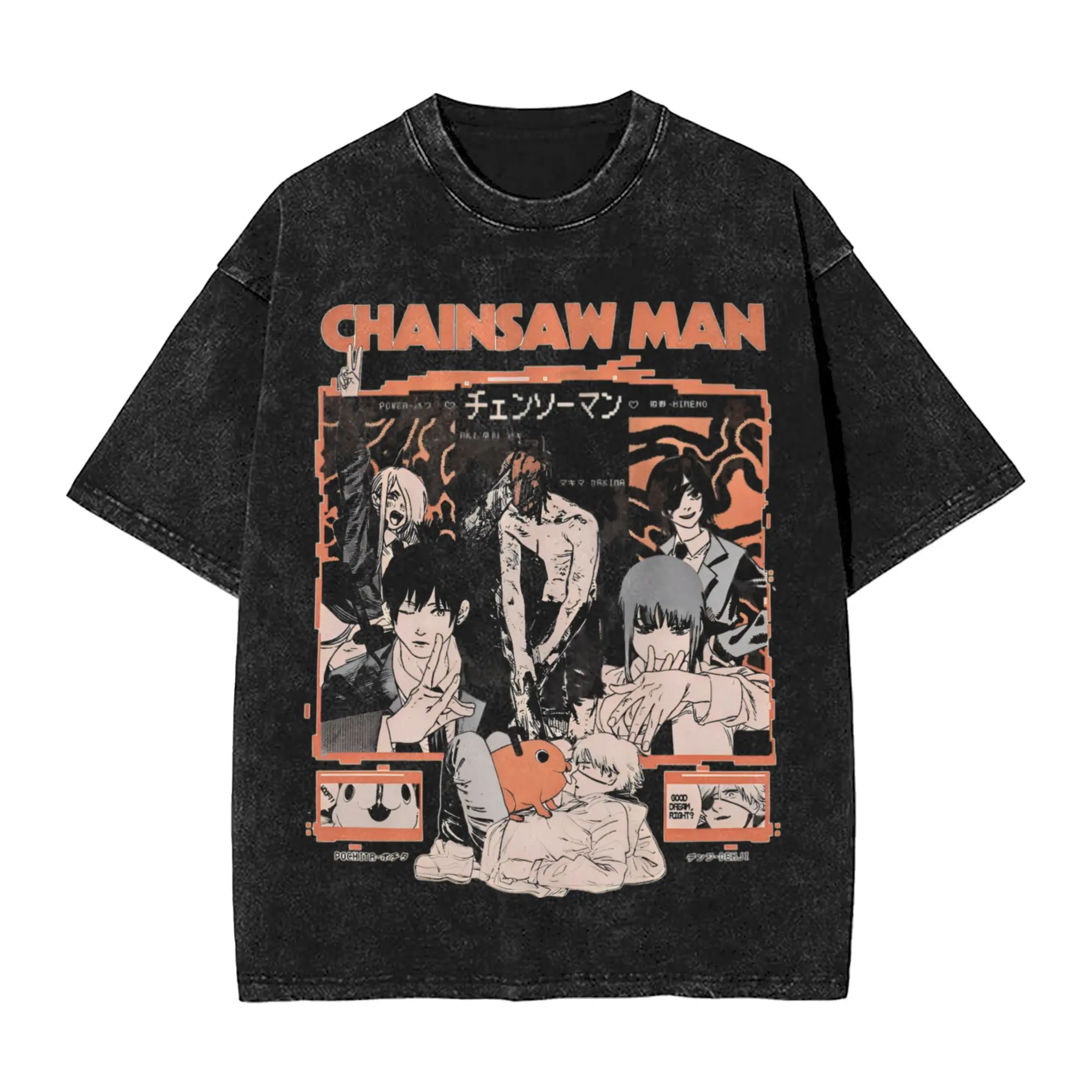 Menswear Casual Cotton Tee - Distressed Vintage Washed Chainsaw Man Graphic T-Shirt, Men's O-Neck Shortsleeve Tops Feat. Denji, Makima, Aki, Kobeni, Summer Cotton Shirts