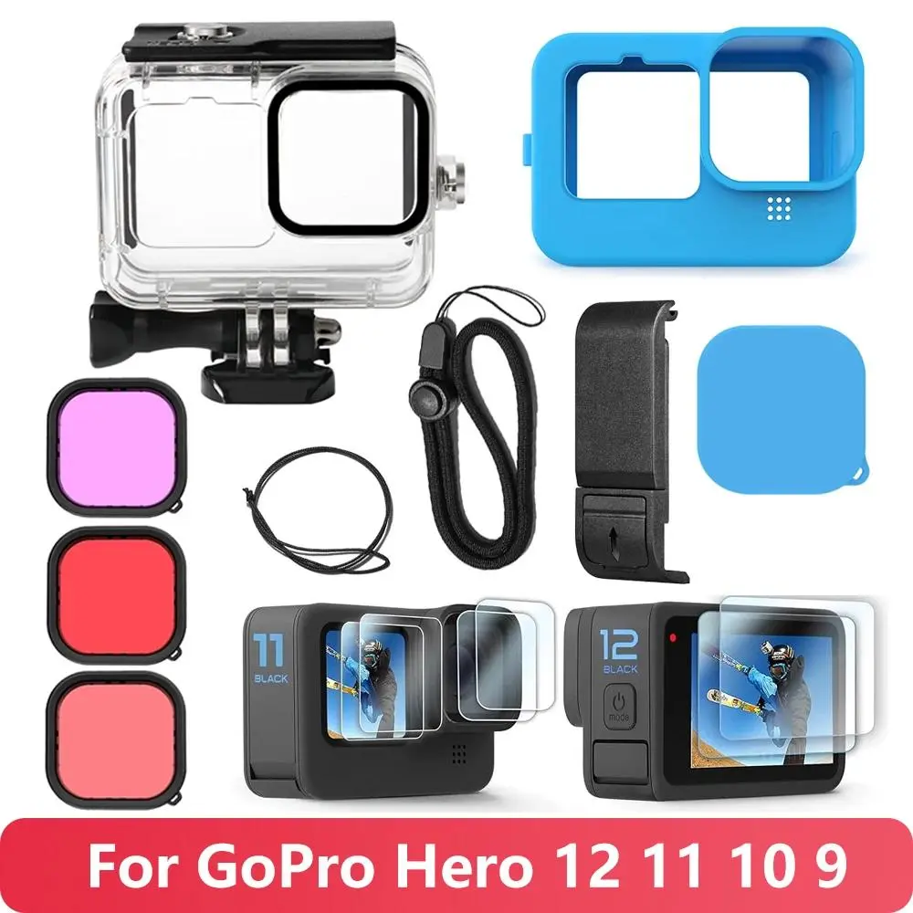 For GoPro Hero 13 12 11 10 9 Waterproof Housing Silicone Sleeve Case Screen Protectors Battery Side Cover Filter Accessories