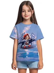 Digital printed short-sleeve T-shirt for cute girls featuring "Little Red Riding Hood in the Snow Walking with the Wolf" design. Made of 100% polyester, this brand-new summer fashion item is specially created for girls. It's a summer casual children's clo