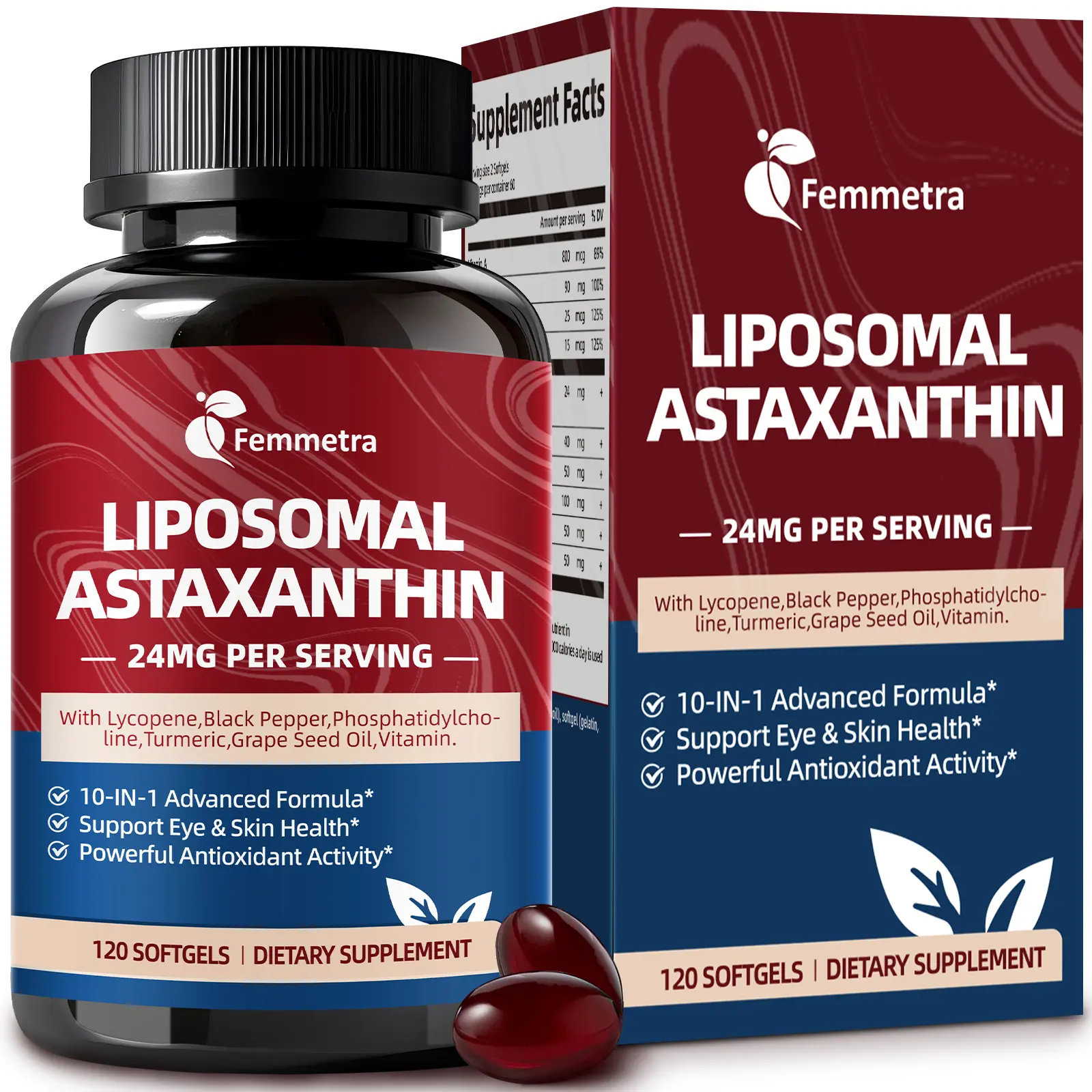 Liposomal Astaxanthin 24mg Supplements with Lycopene for Skin & Eye Health Support, 10-in-1 Max Strength Astaxanthin Antioxidant Supplement, Fresh Microalgae Source, Non-GMO, 120 Softgels