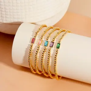14K Gold Plated Birthstone Bracelet for Women, Dainty Stretch Beaded Stackable Bracelet, Mothers Day Birthday Gift for Mom Daughter Teens