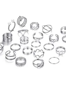 Women's 22pcs Knuckle Ring Set, Silver & Stainless Steel Midi Rings, Adjustable Open Design, Casual Style Jewelry
